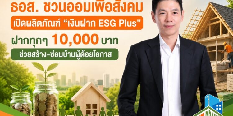 ธอส. ชวนออมเพื่อสังคม เปิดผลิตภัณฑ์ “เงินฝาก ESG Plus” ฝากทุกๆ 10,000 บาท ช่วยสร้าง-ซ่อมบ้านผู้ด้อยโอกาส