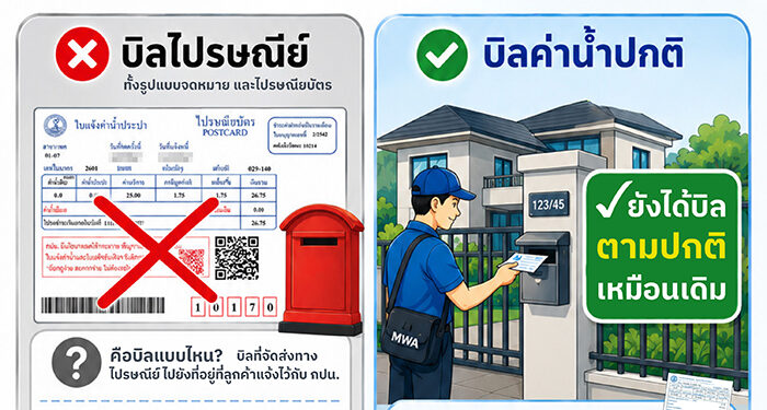 กปน. เริ่มยกเลิกการจัดส่งบิลค่าน้ำประปาทางไปรษณีย์ ตั้งแต่ 1 มิถุนายน 2569 เป็นต้นไป พร้อมส่งเสริมการใช้งาน e-Bill เพื่อความสะดวก รวดเร็ว และเป็นมิตรต่อสิ่งแวดล้อม