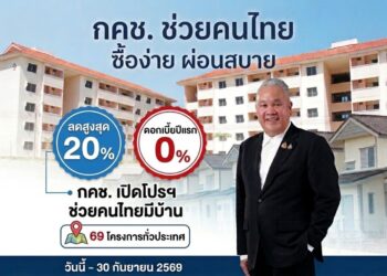 กคช. เปิดแคมเปญใหญ่ ลดสูงสุด 20% ครอบคลุม 69 โครงการ ราคาเริ่มต้น 250,000 บาท ผ่อนเริ่มต้น 900 บาท/เดือน