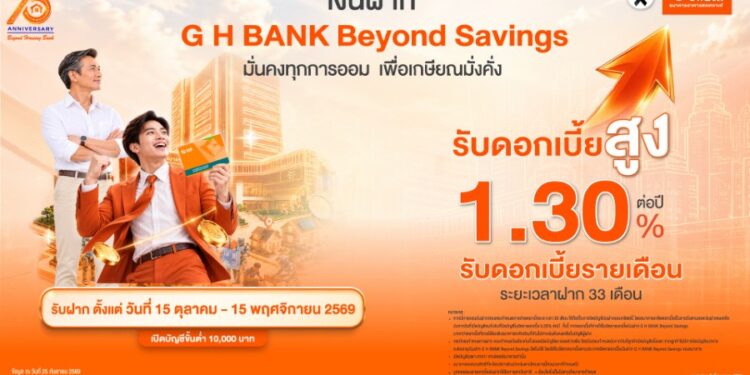 มั่นคงทุกการออม เพื่อเกษียณมั่งคั่ง ธอส. เปิดตัวเงินฝาก “G H BANK Beyond Savings” พร้อมรับดอกเบี้ยสูง 1.30% ต่อปี รับดอกเบี้ยรายเดือนตลอด 33 เดือน